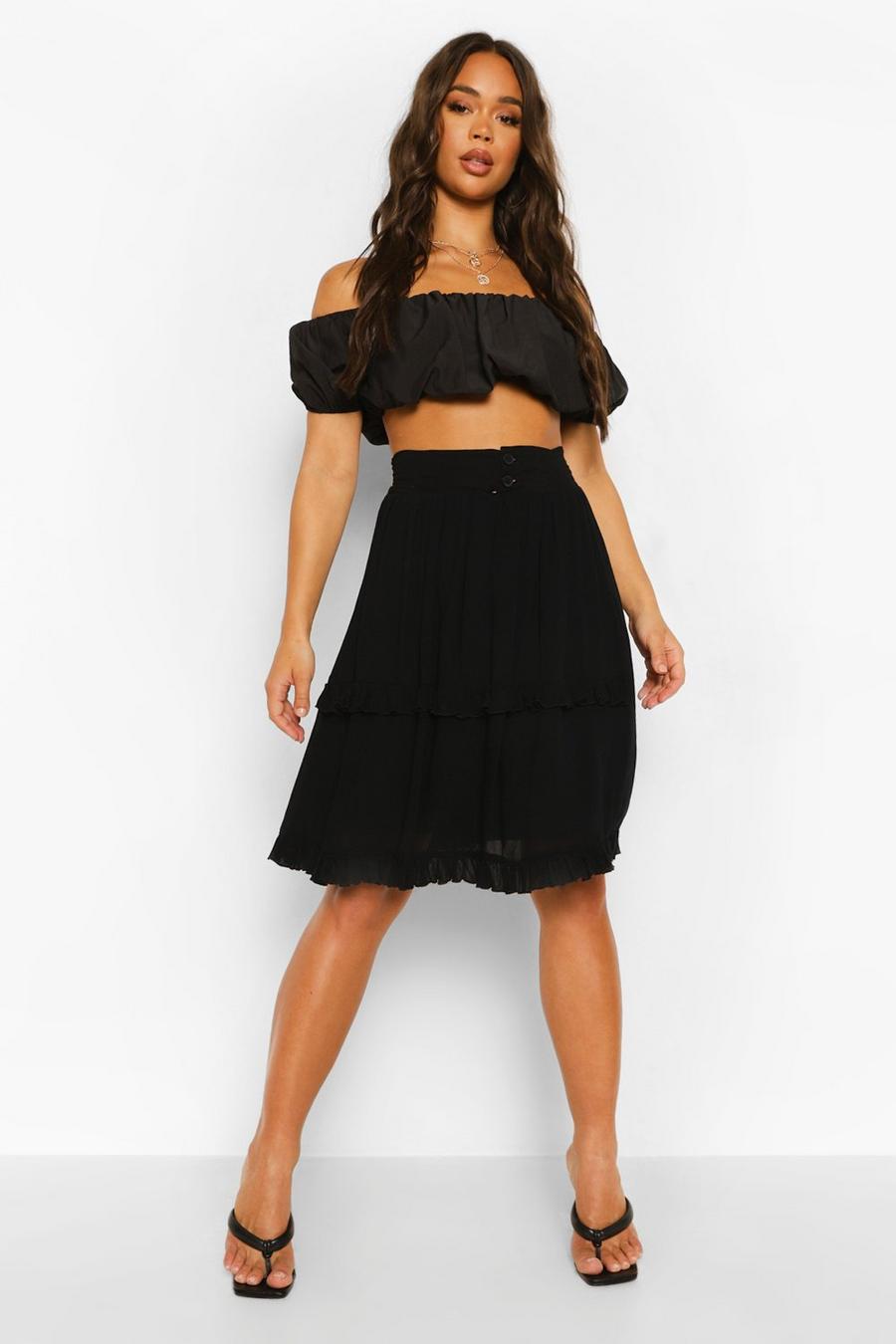 Black Cheesecloth Tiered Ruffle Skater Skirt image number 1