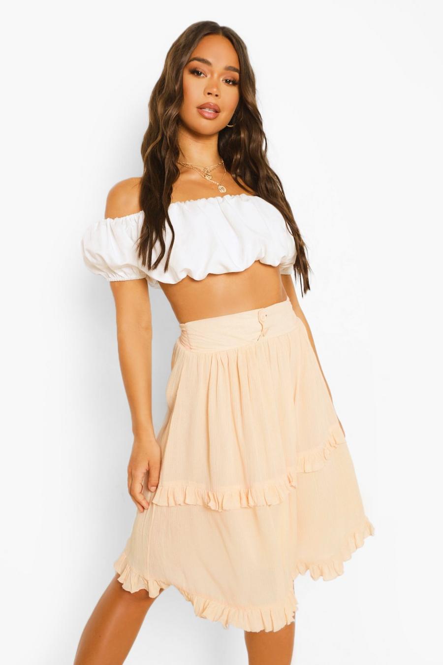 Washed pink rosa Cheesecloth Tiered Ruffle Skater Skirt image number 1