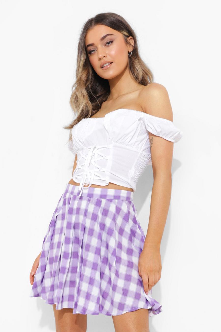 Lilac purple Check Woven Pleated Tennis Skirt