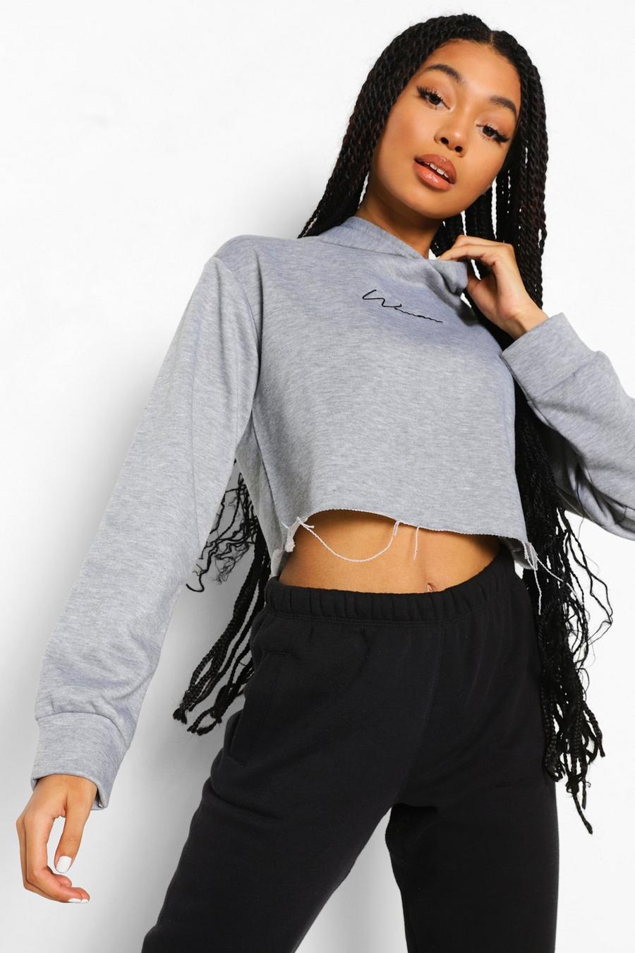 Ash grey Woman Embroidered Cropped Hoodie image number 1