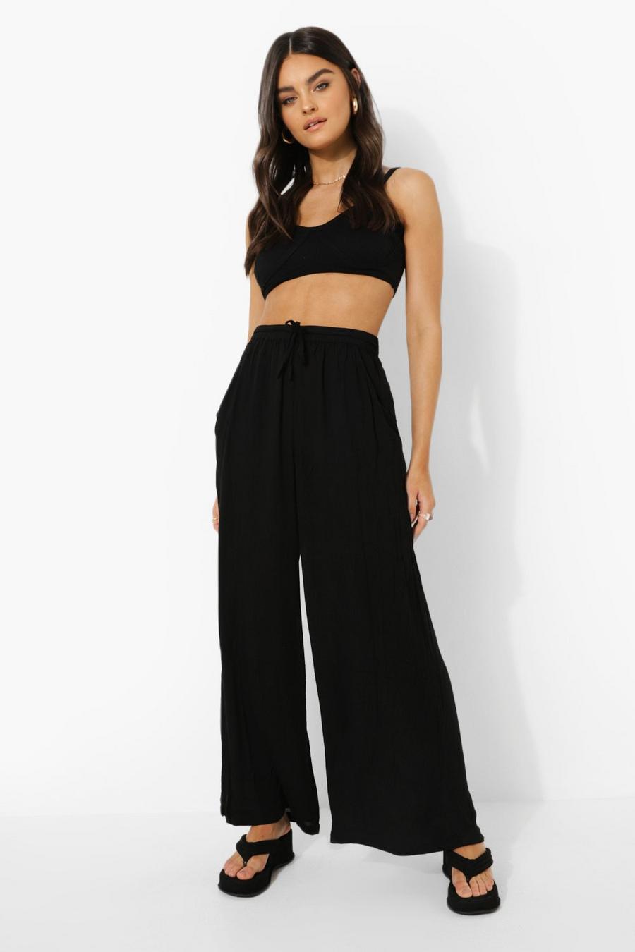Black Cheesecloth Drawstring Waist Culottes image number 1