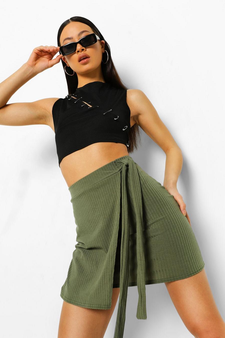 Khaki Soft Ribbed Wrap Mini Skirt image number 1