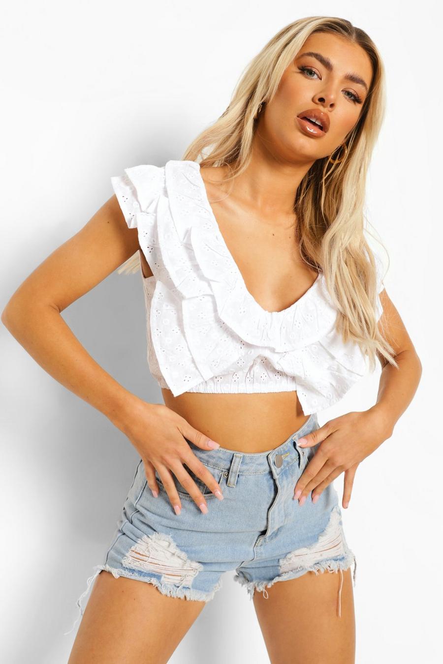 Ivory Broderie Ruffle Crop Top image number 1
