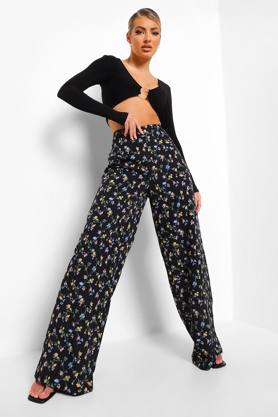 Black Ditsy Floral Wide Leg Trousers image number 1