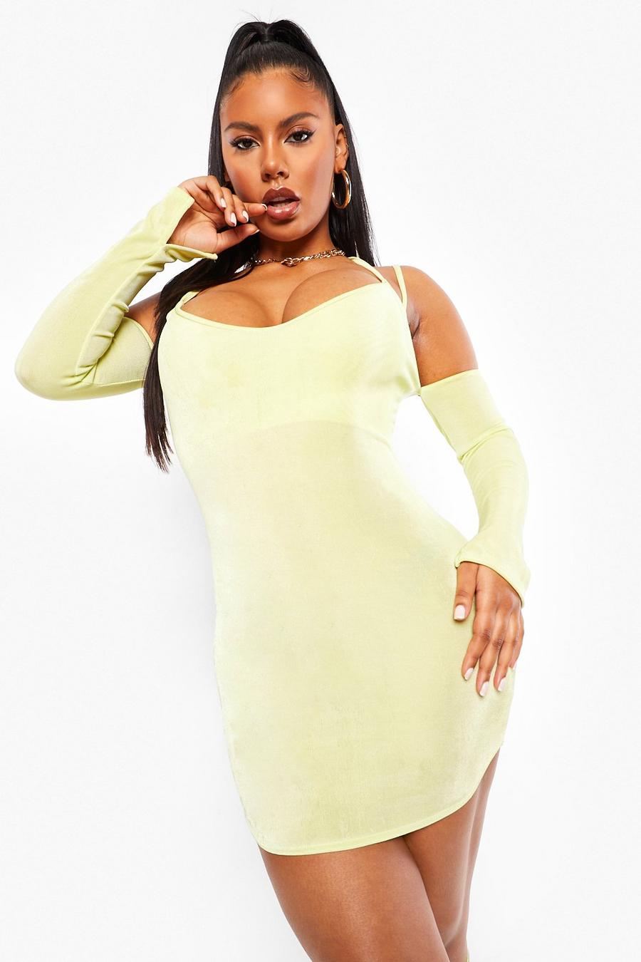 Lime Textured Slinky Strappy Mini Dress image number 1