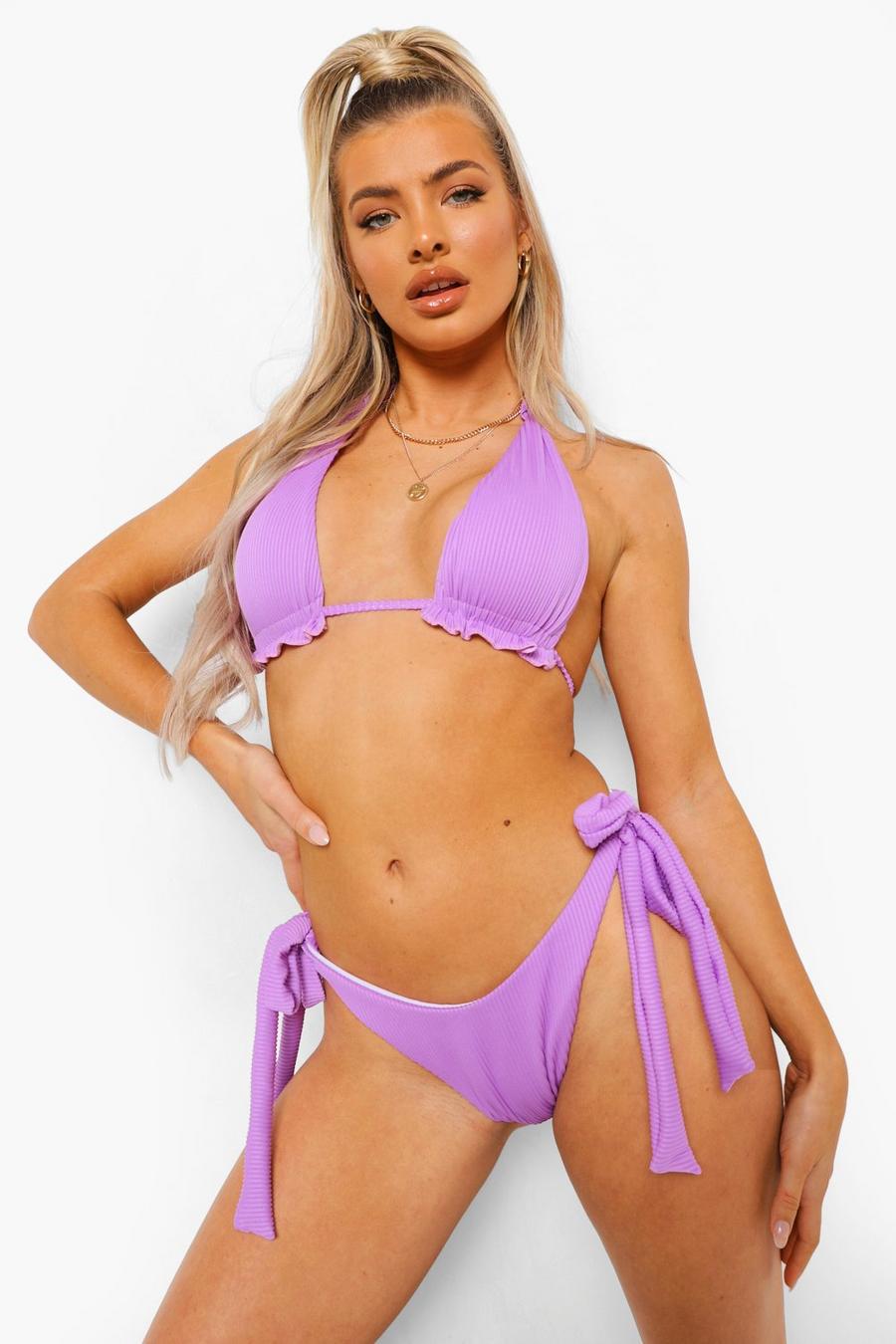 Gerippte Bikinihose mit seitlicher Bindung, Lilac image number 1