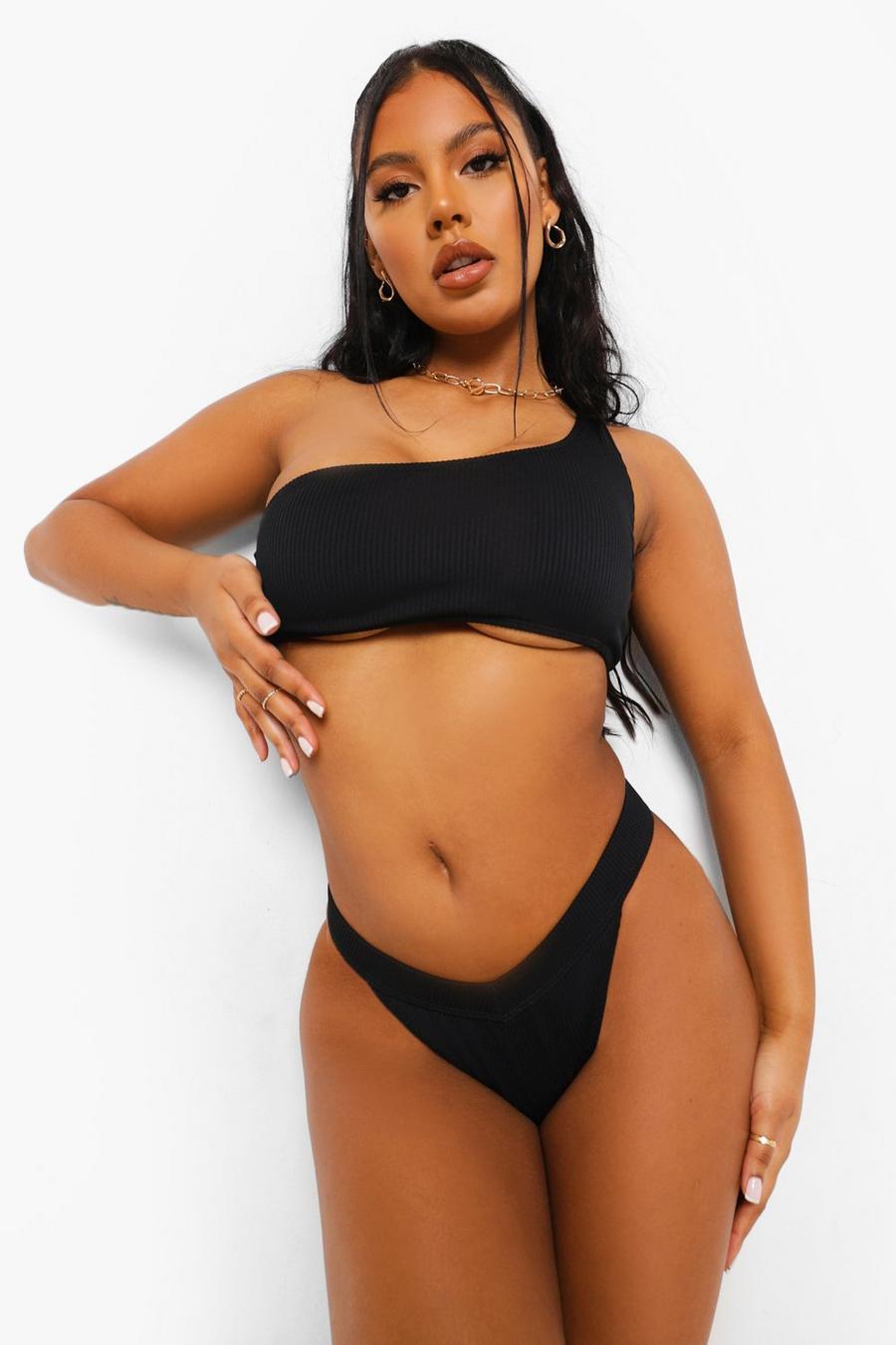 Black Ribbed Mix and Match One Shoulder Bikini Top image number 1