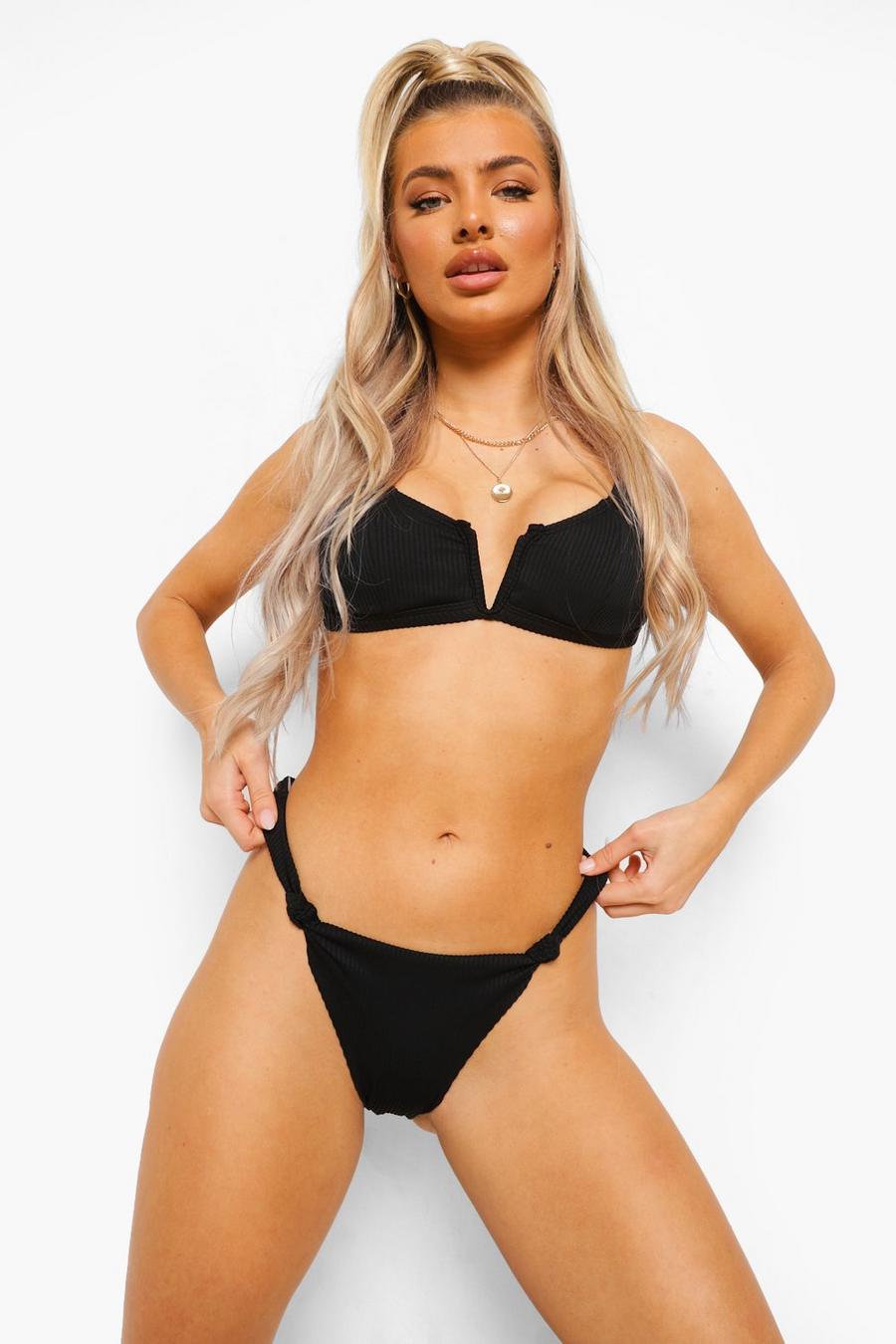 Mix & Match gerippter Bikini mit hohem Beinausschnitt und Knotendetail, Schwarz image number 1