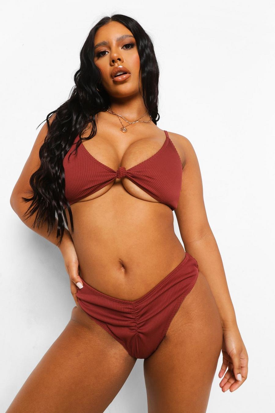 Chocolate Ribbed Ruched Hipster V Front Bikini Brief image number 1