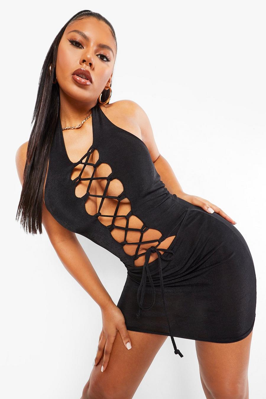 Black Textured Slinky Lace Up Mini Dress image number 1