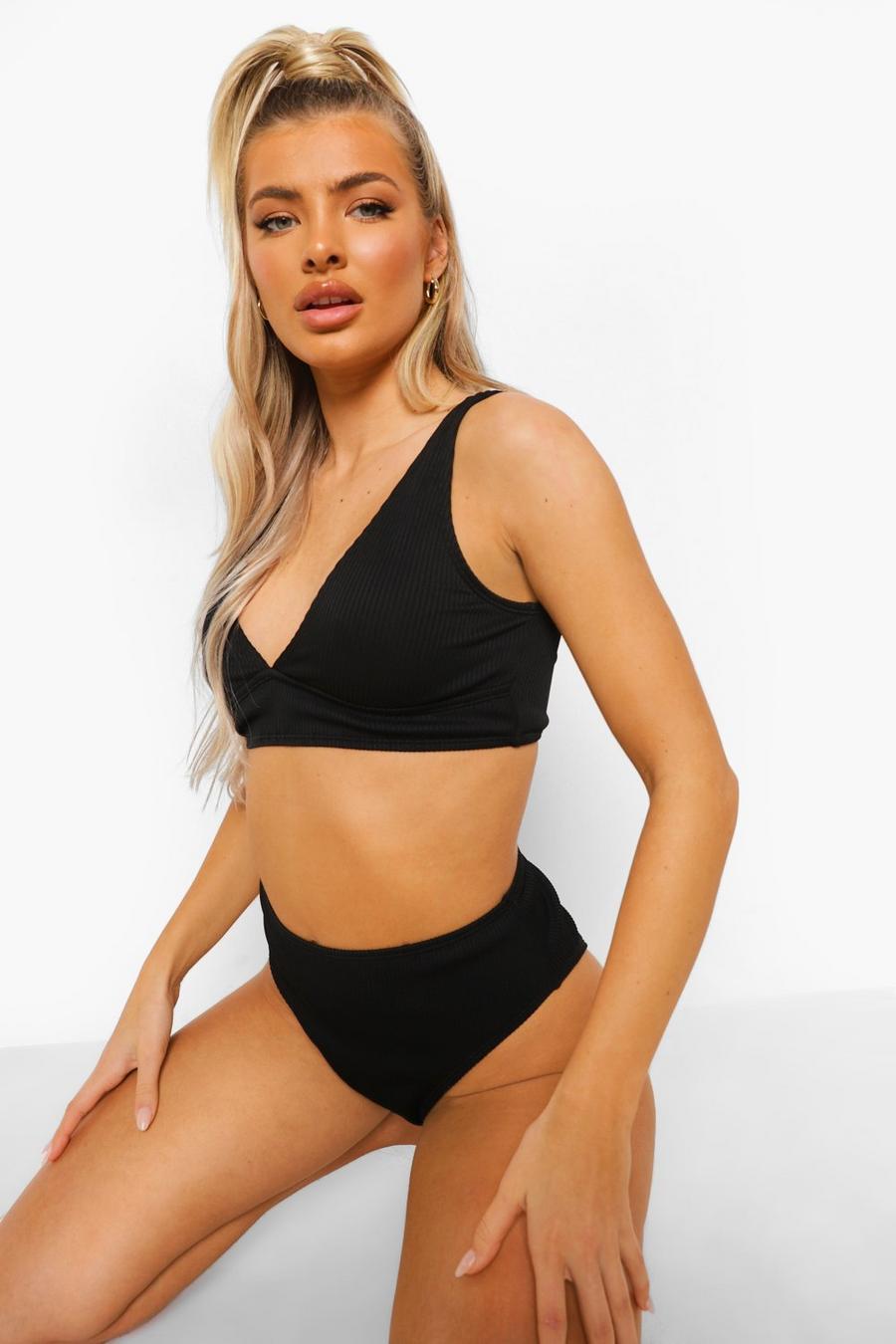 Black Ribbed Mix and Match Plunge Triangle Bikini Top image number 1