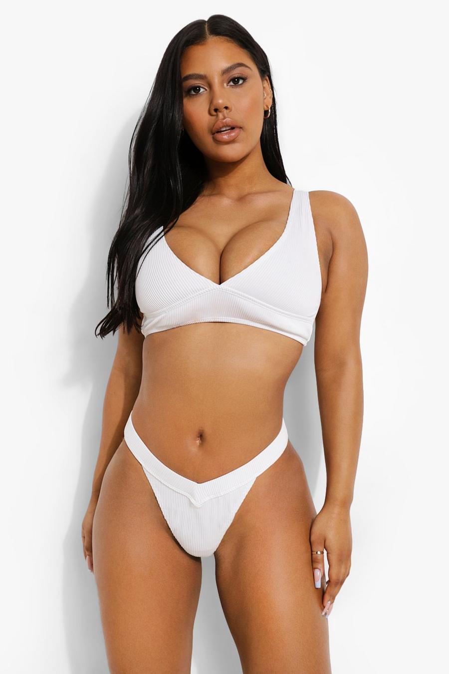 White Mixa & Matcha Ribbad triangelformad bikinitopp med låg urringning image number 1