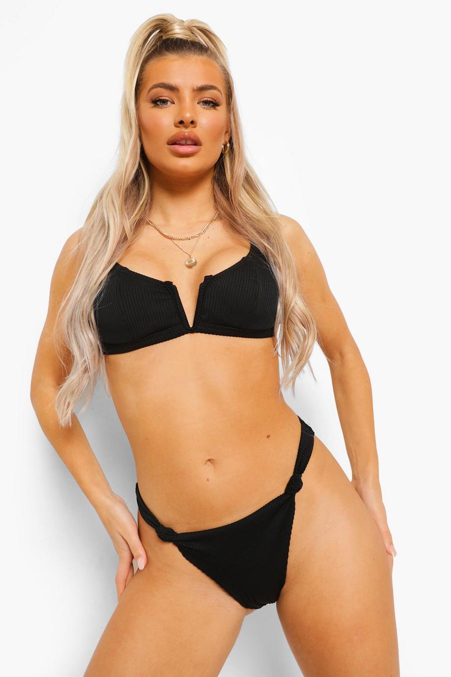 Black Ribbed Mix and Match Underwired V Bikini Top image number 1