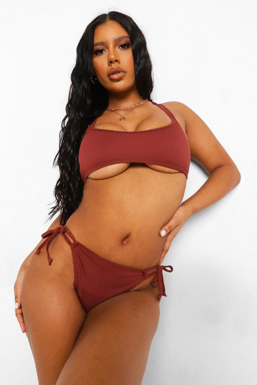 Chocolate Ribbed Mix and Match Strappy Scoop Bikini Top image number 1