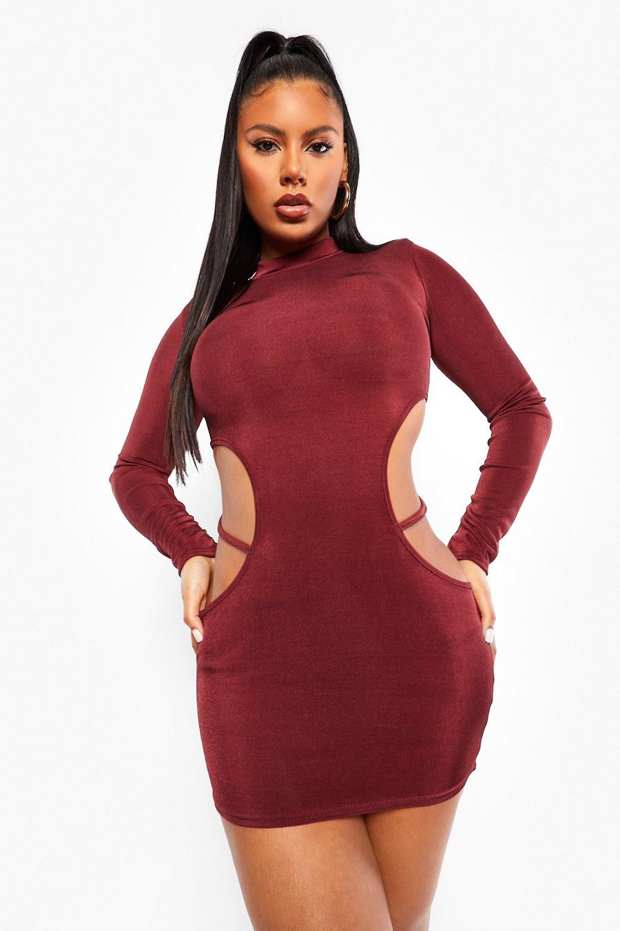 Chocolate Textured Slinky Cut Out Long Sleeve Mini Dress image number 1
