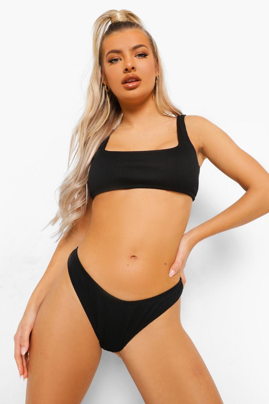 Black Ribbed Mix and Match Scoop Bikini Crop Top image number 1