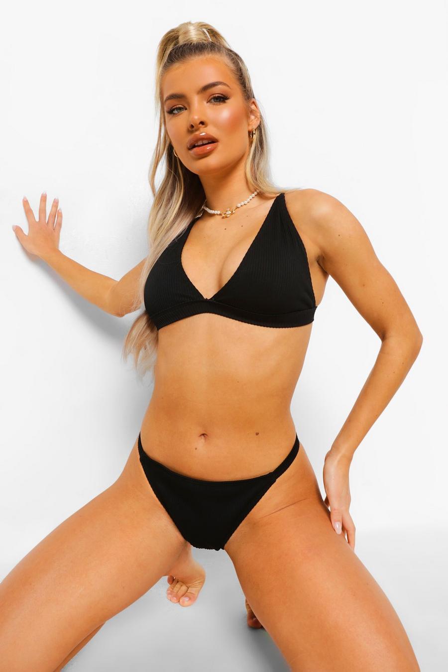 Black Ribbed Mix and Match Plunge Triangle Bikini Top image number 1