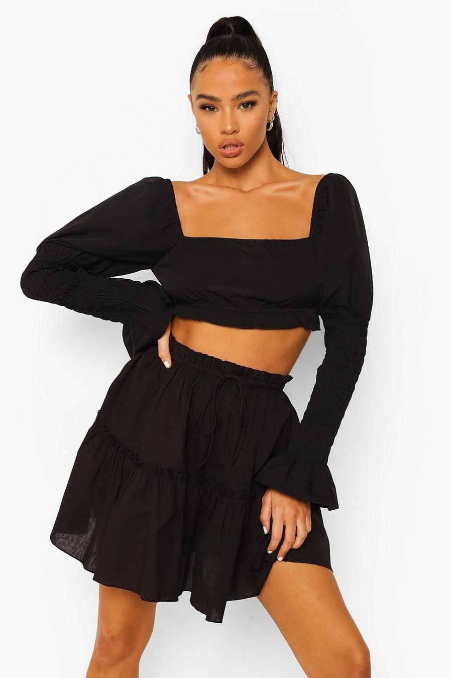 Black Cotton Ruffle Tiered Mini Skater Skirt image number 1