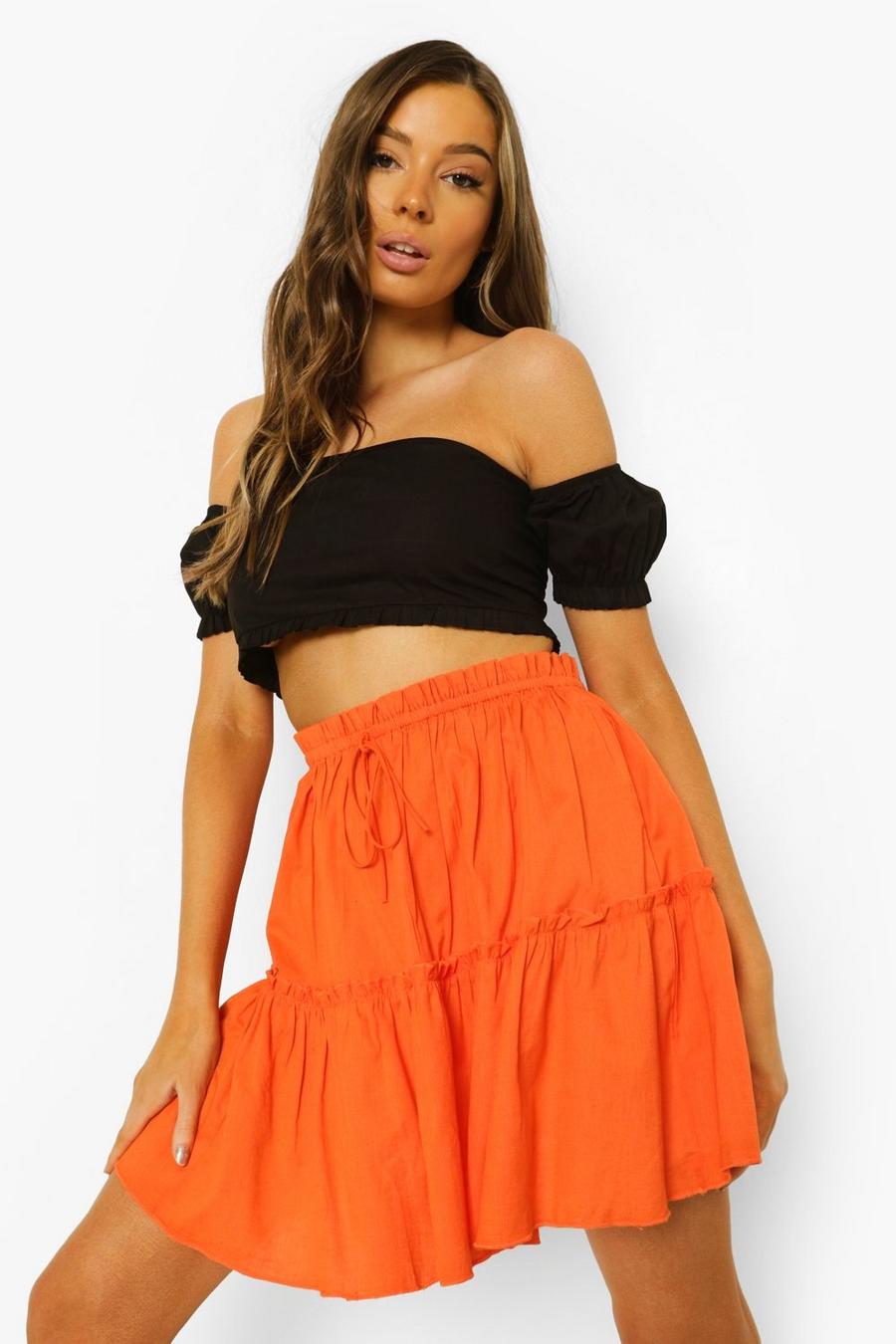 Red orange Cotton Ruffle Tiered Mini Skater Skirt image number 1