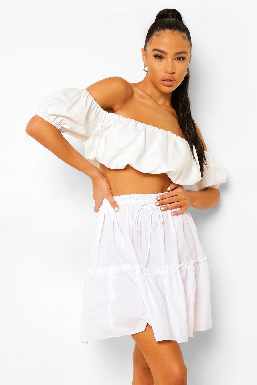 White Cotton Ruffle Tiered Mini Skater Skirt image number 1