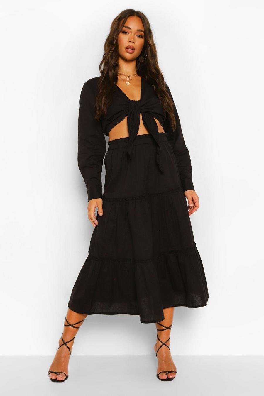 Black Cotton Tiered Full Midi Skirt image number 1