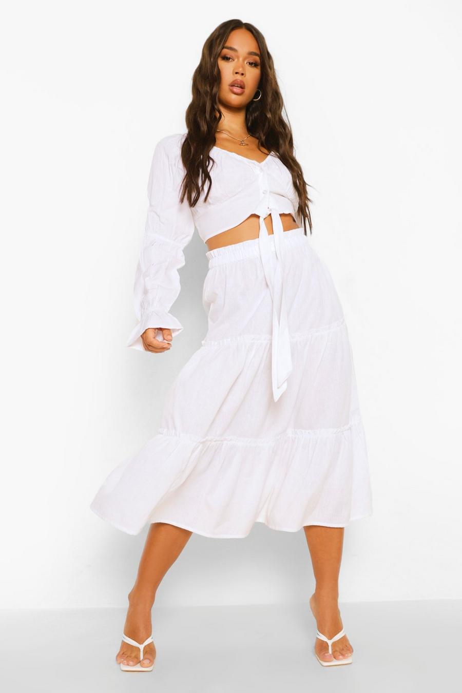 White Cotton Tiered Full Midi Skirt