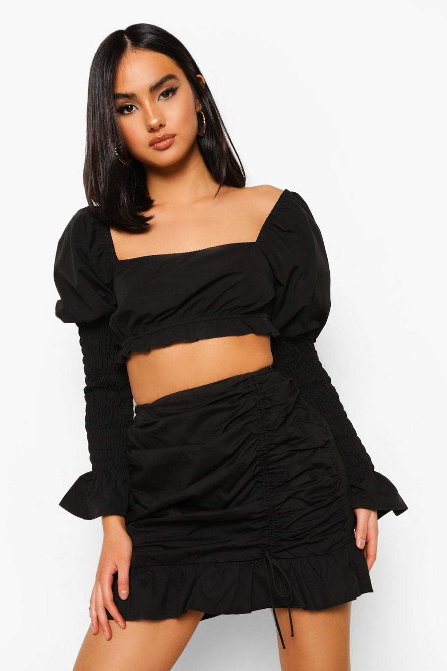 שחור חצאית מיני מכותנה עם קפלים בצד וסלסולים image number 1