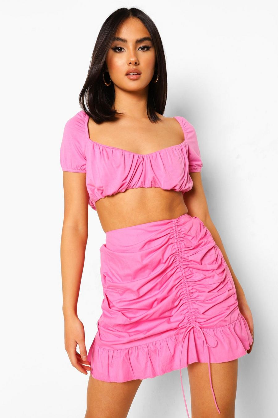Pink Cotton Ruched Side Frill Mini Skirt image number 1