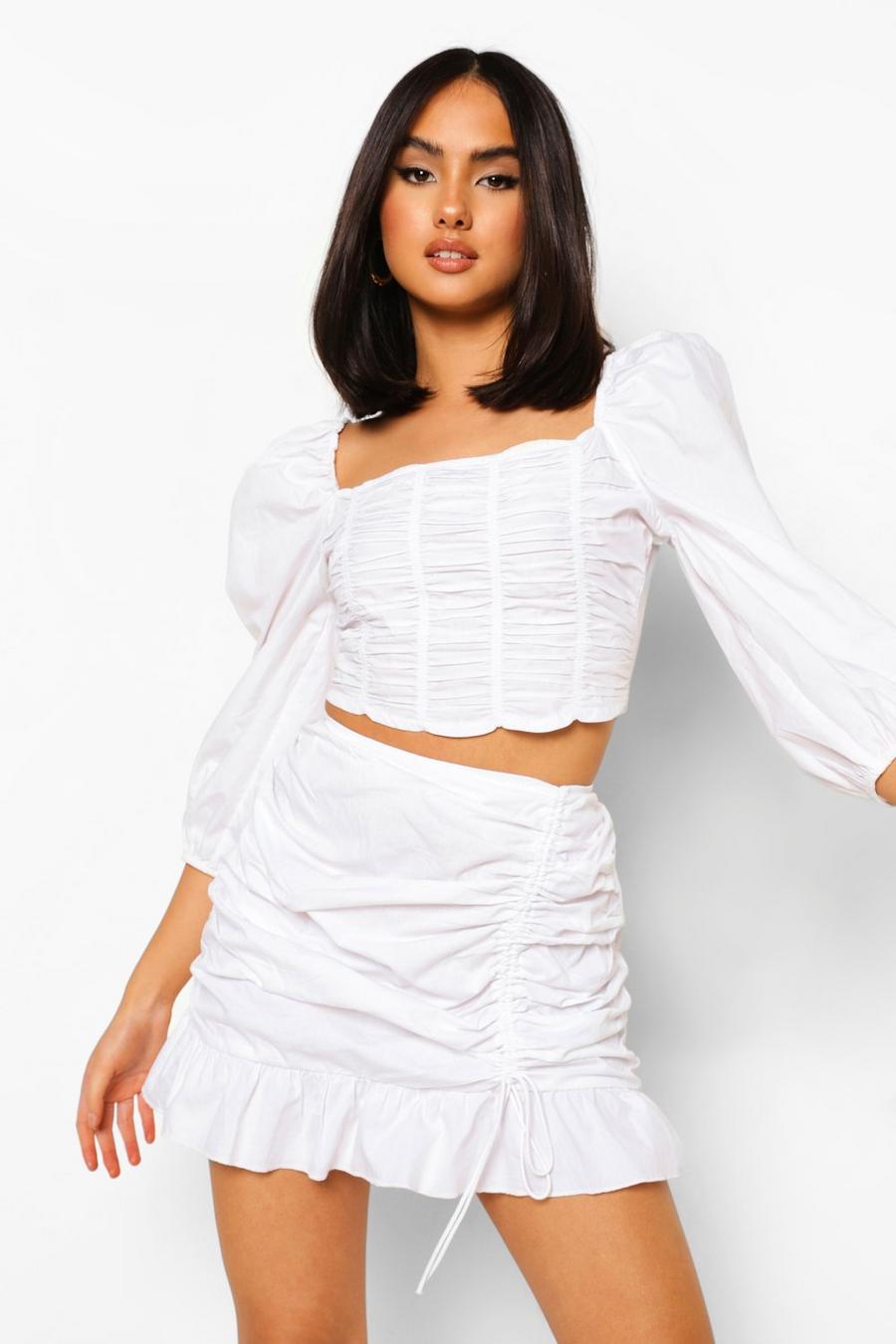 White vit Cotton Ruched Side Frill Mini Skirt