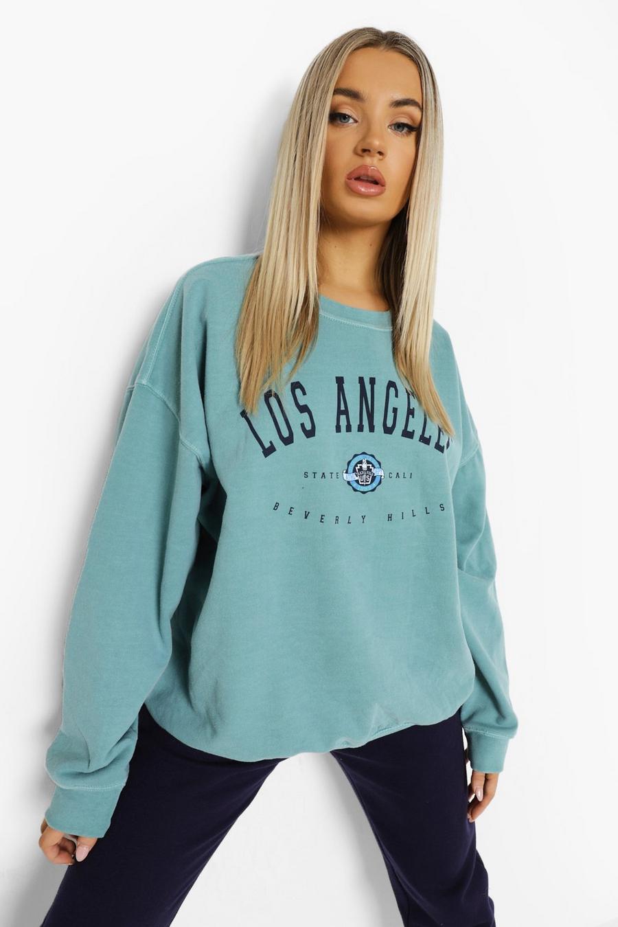 Oversize Sweatshirt mit Los Angeles Print, Salbeigrün image number 1