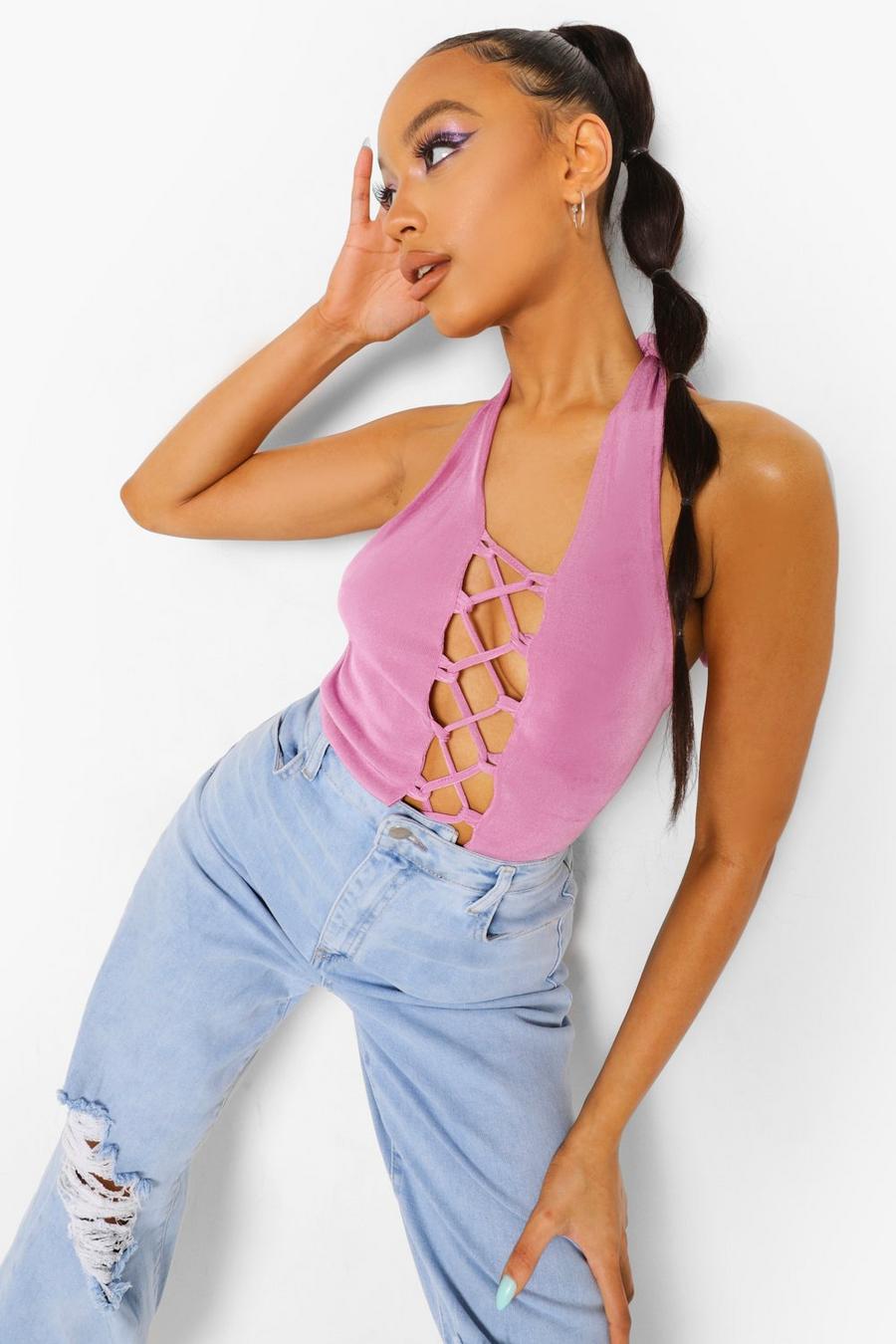 Blush Textured Slinky Lace Up Bodysuit image number 1