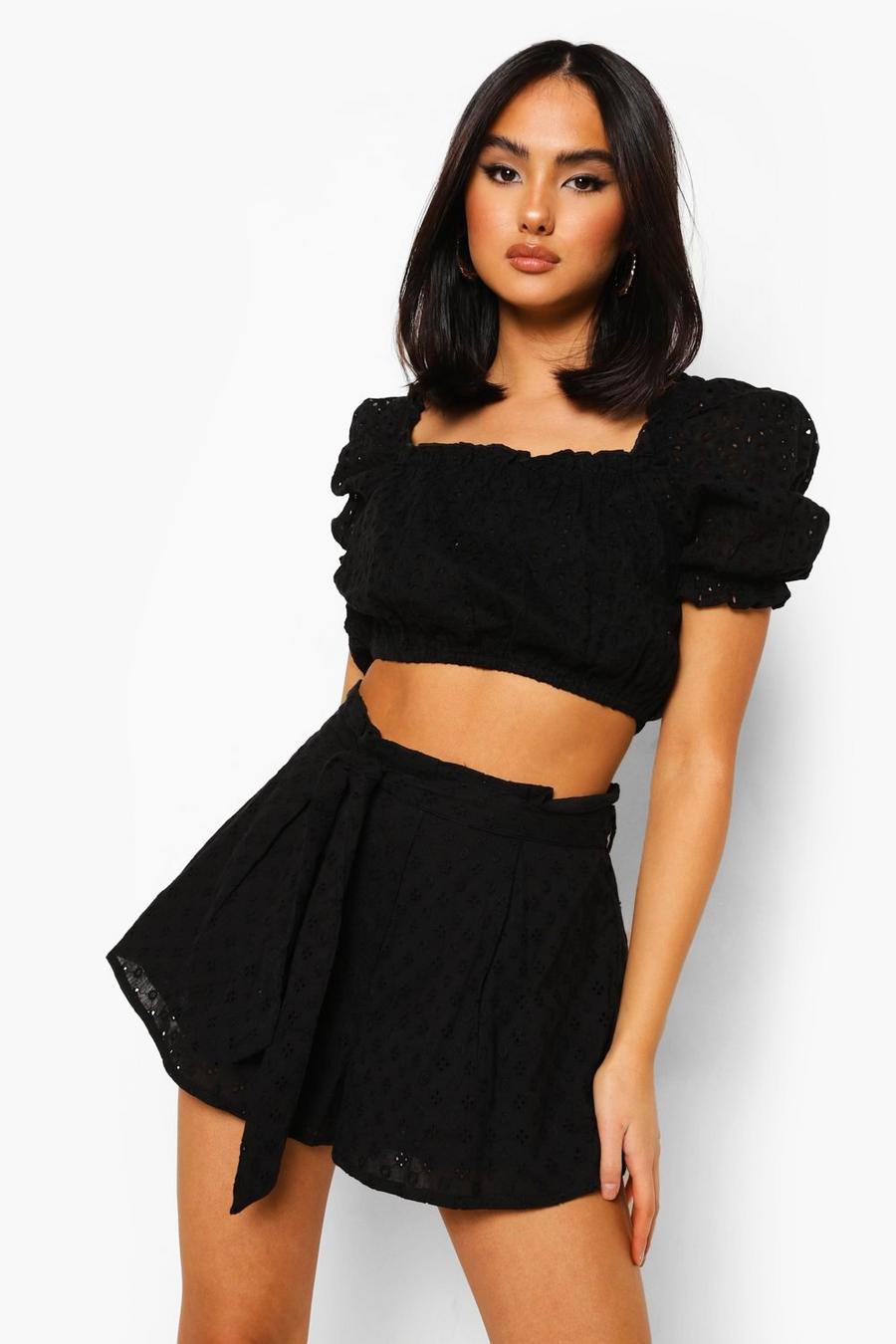 Black Broderie Anglaise Belted Flippy Shorts image number 1