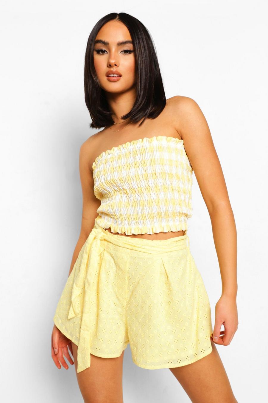 Lemon Broderie Anglaise Belted Flippy Shorts image number 1