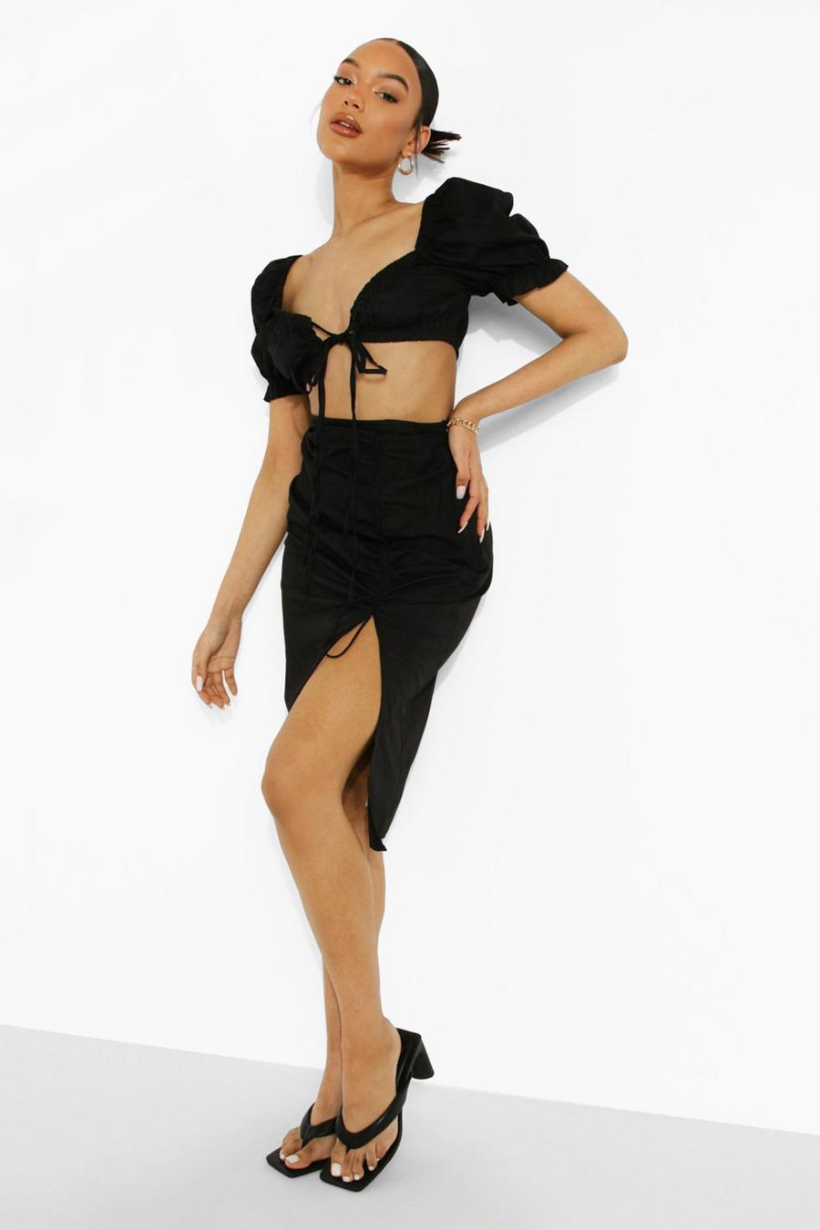 Black Cotton Ruched Dip Waist Split Midi Skirt image number 1