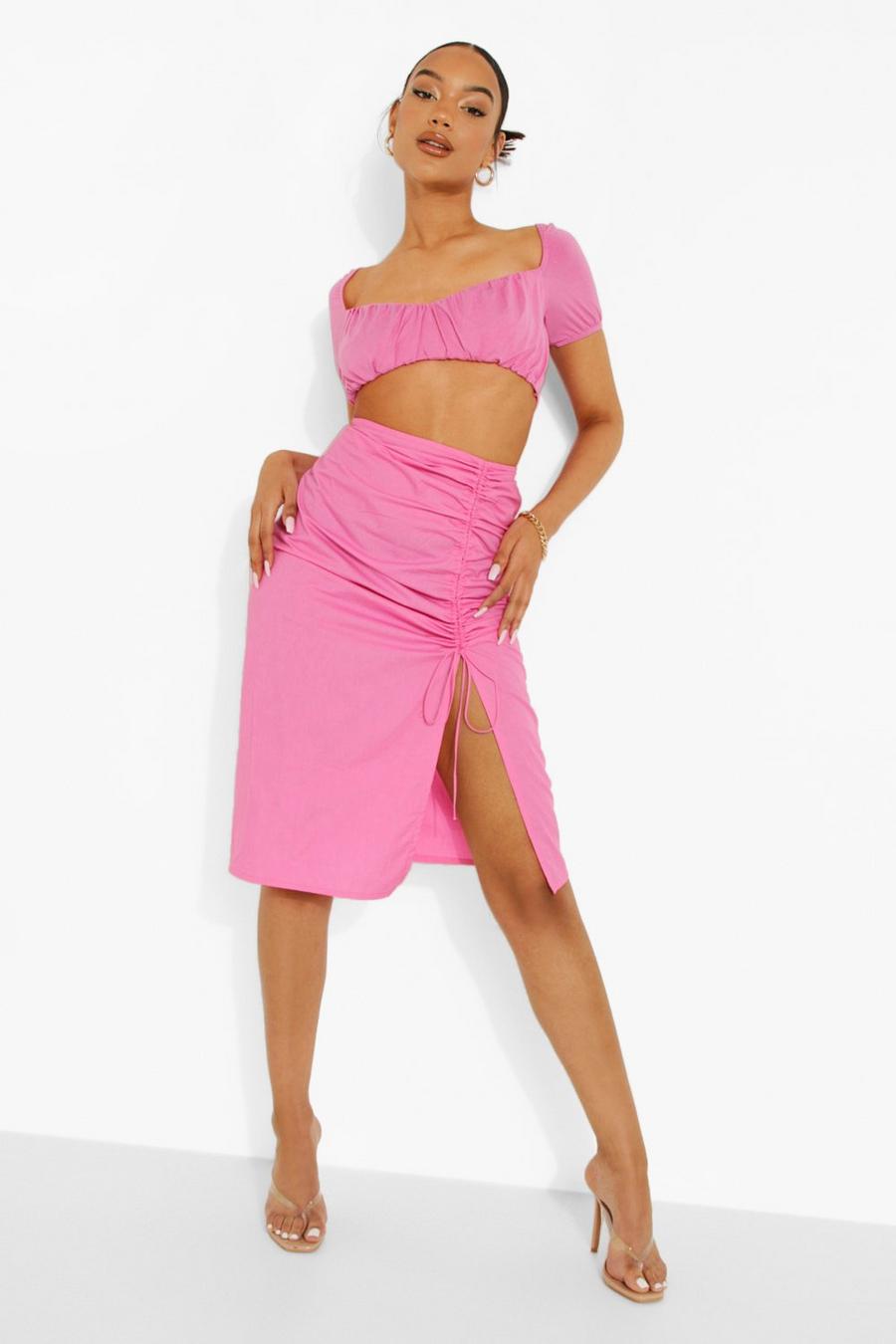 Pink Cotton Ruched Dip Waist Split Midi Skirt image number 1