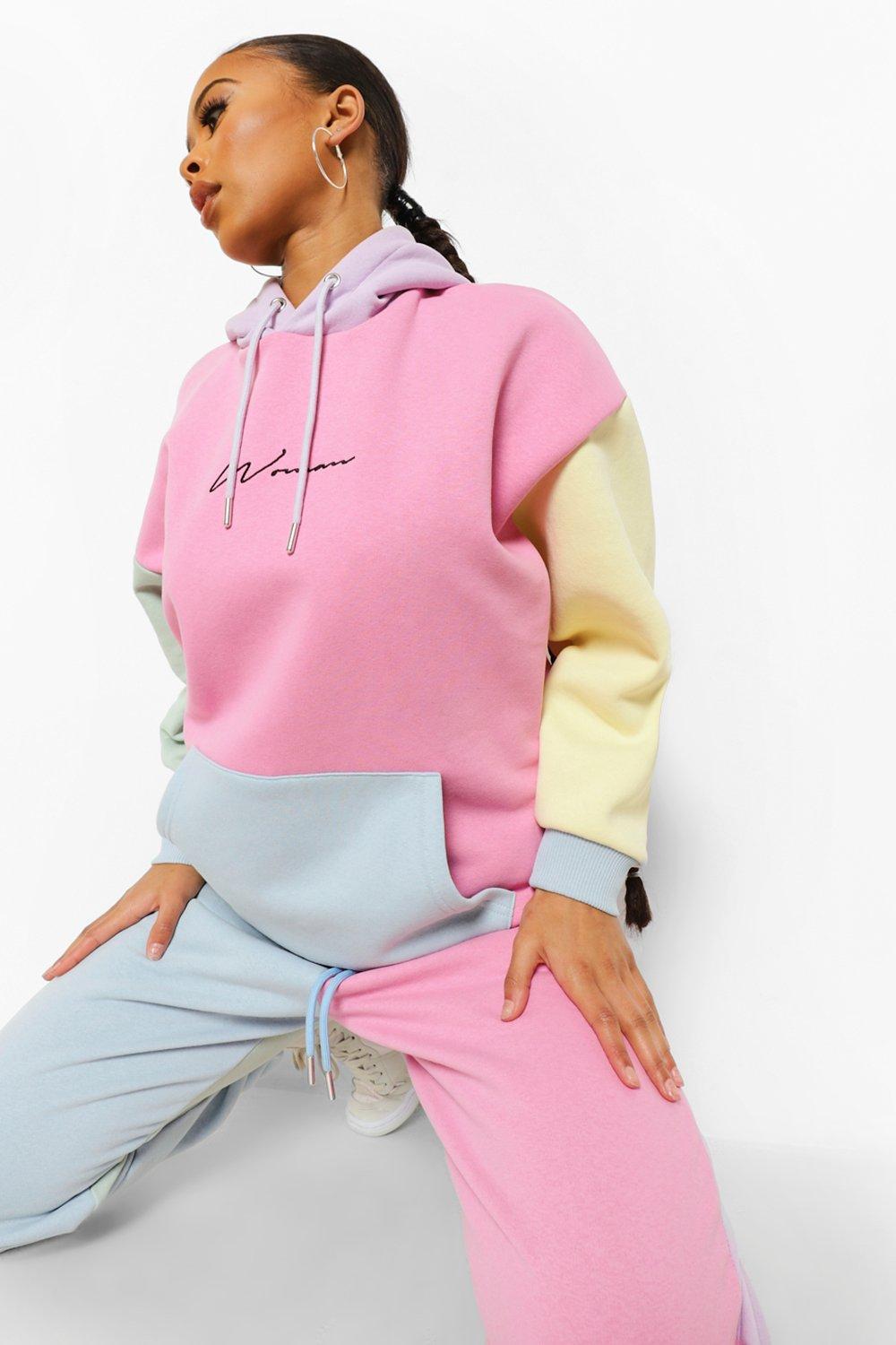 Woman Embroidered Pastel Colour Block Track Pants