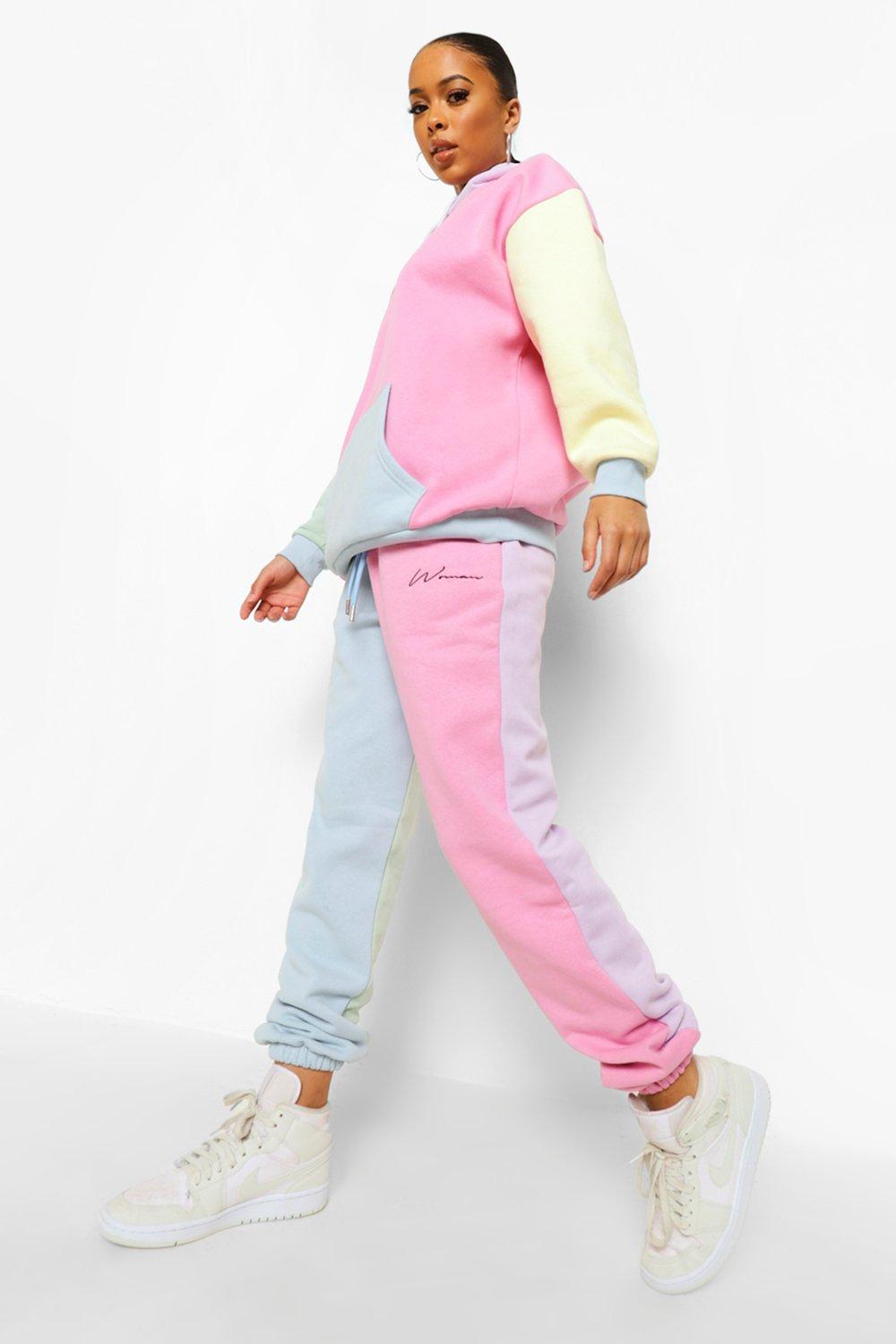 Woman Embroidered Pastel Colour Block Joggers | boohoo