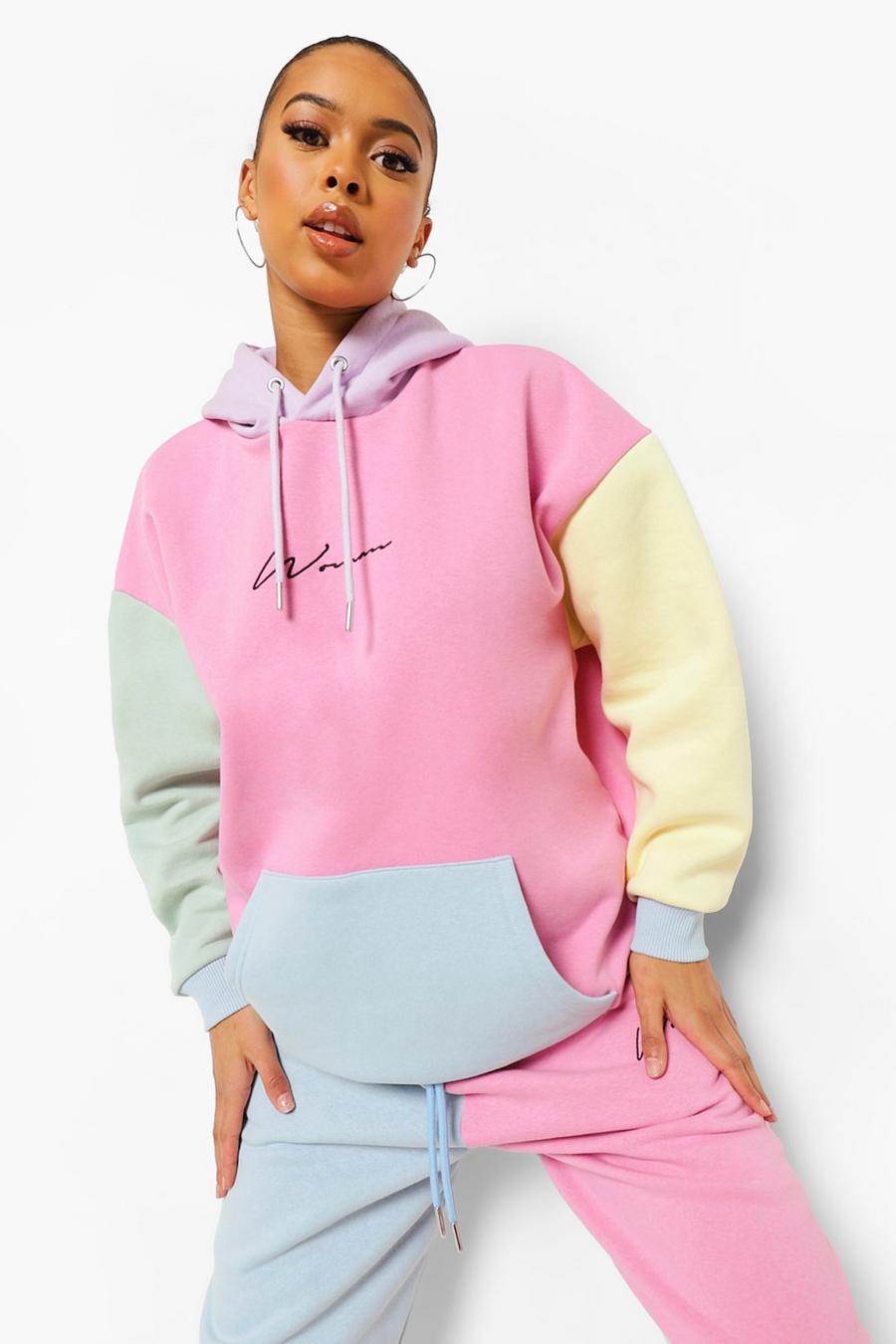 Woman Embroidered Pastel Color Block Hoodie