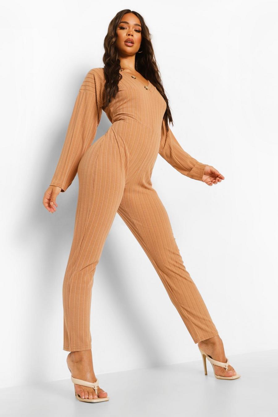 Camel Jumbo Rib Slouch Button Detail Jumpsuit image number 1