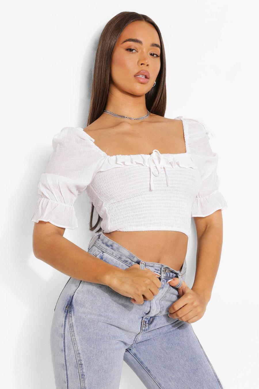 Ivory Shirred Puff Sleeve Crop Top image number 1