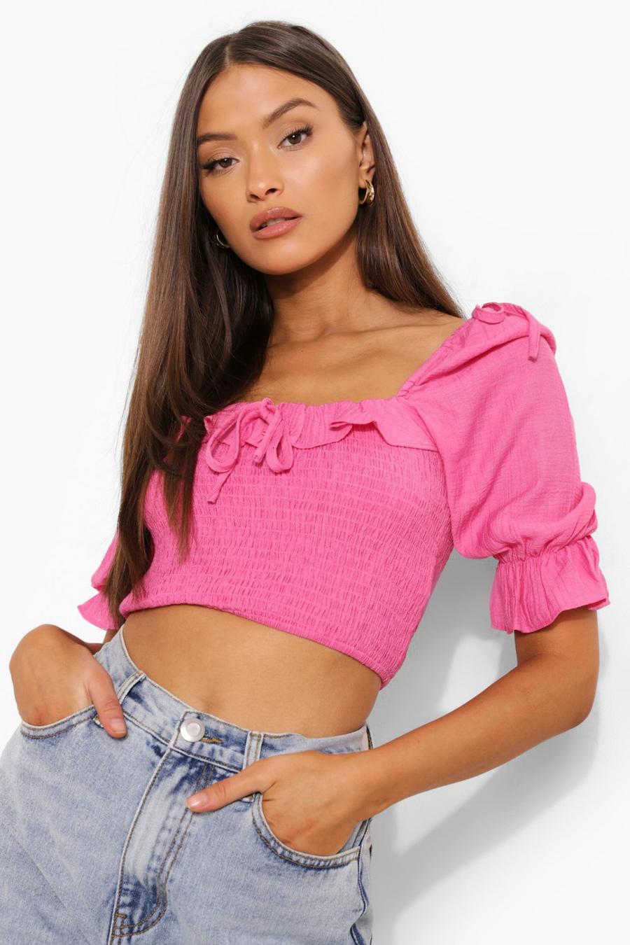 Pink Shirred Puff Sleeve Crop Top image number 1