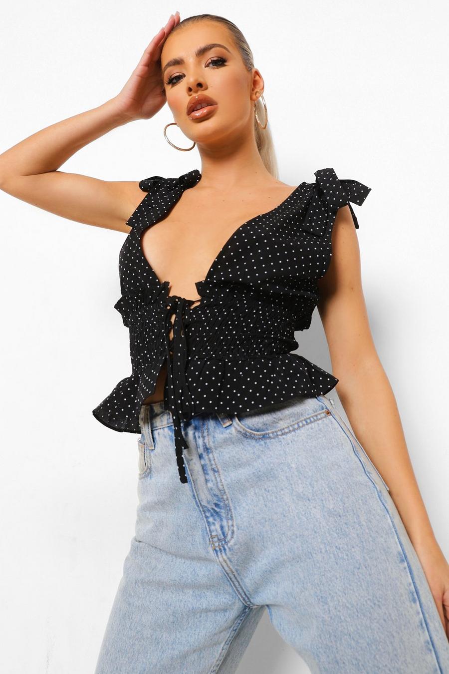 Black Polka Dot Lace Up Tie Camisole image number 1