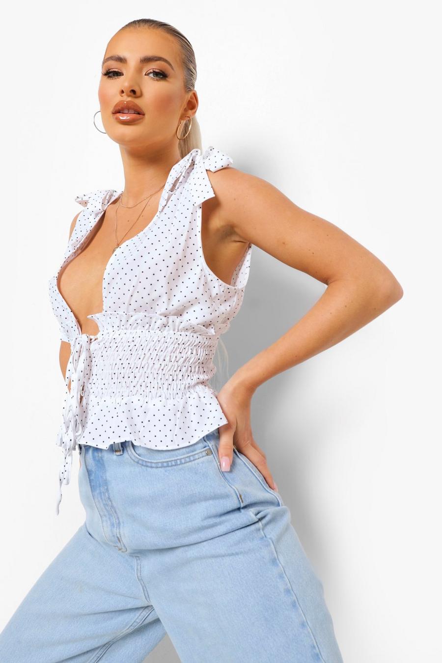 Ivory Polka Dot Lace Up Tie Cami Top image number 1