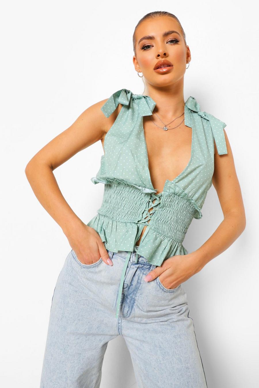 Sage Polka Dot Lace Up Tie Camisole image number 1