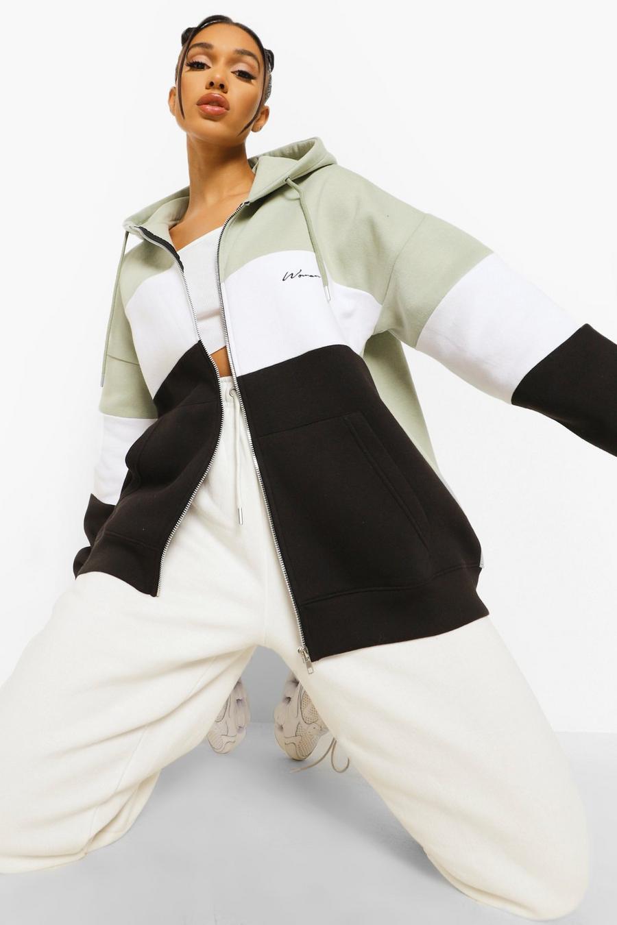 Sage Woman Colour Block Zip Up Oversized Hoodie image number 1