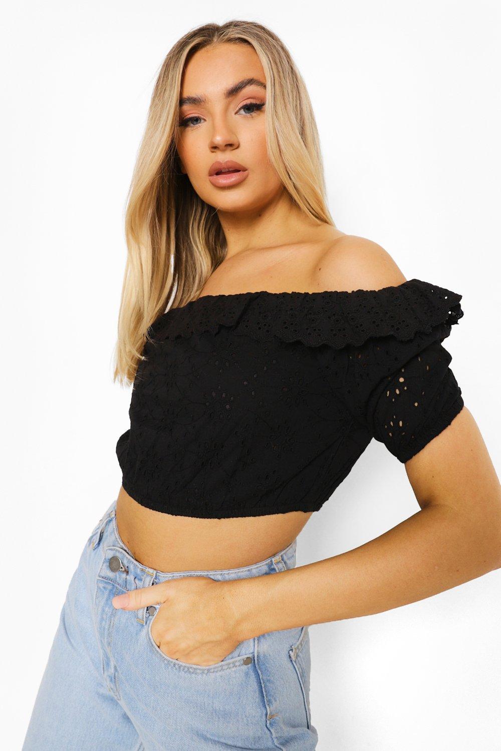 black cold shoulder crop top