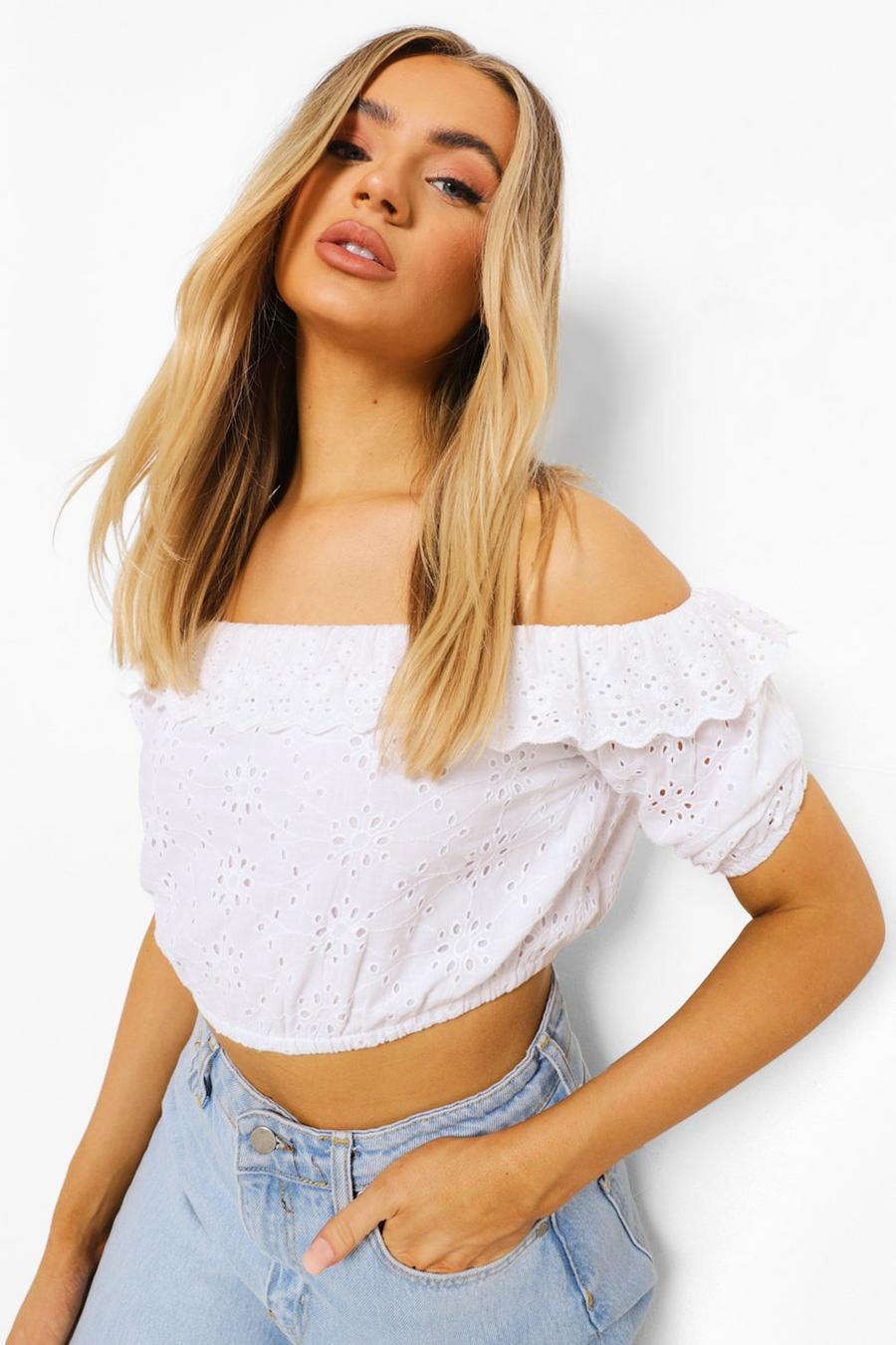 Ivory Broderie Ruffle Cold Shoulder Crop Top image number 1