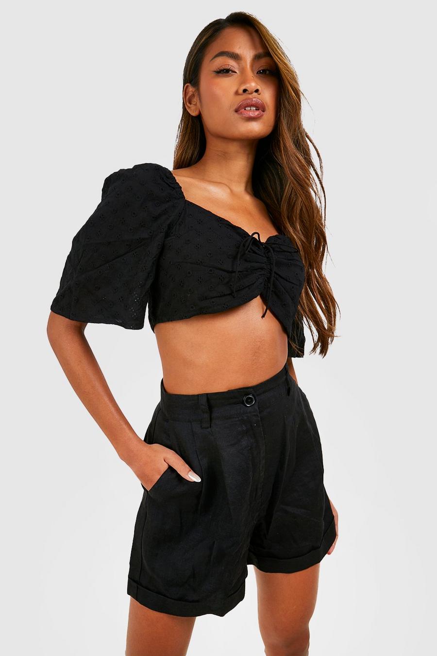 Crop top froncé à manches ange style broderie, Black image number 1