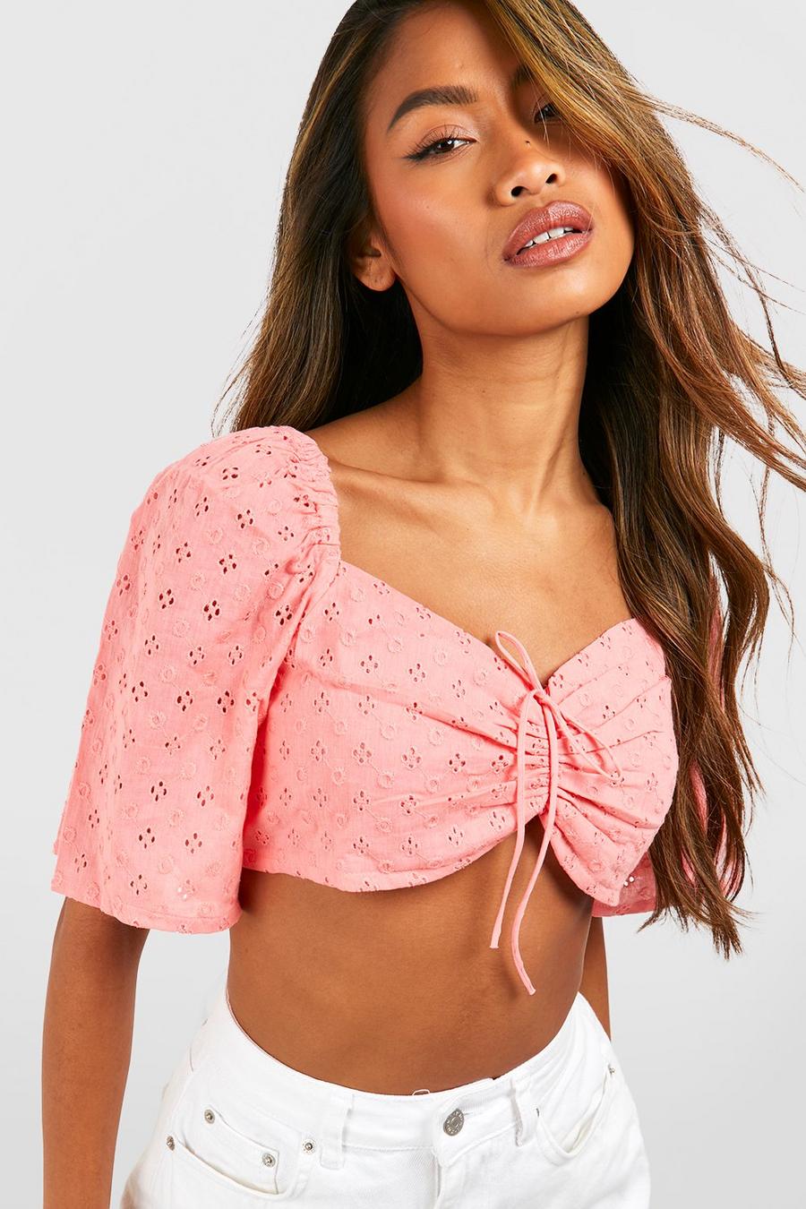 Coral rosa Crop top med broderie anglaise och vid ärm image number 1