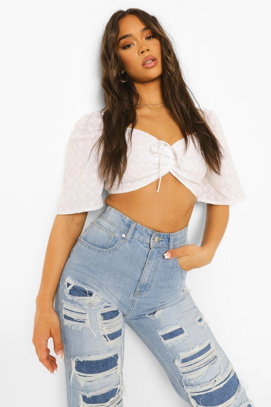 Crop top froncé à manches ange style broderie, Ivory white